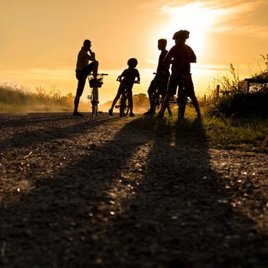 Familie på cykelferie i solnedgang